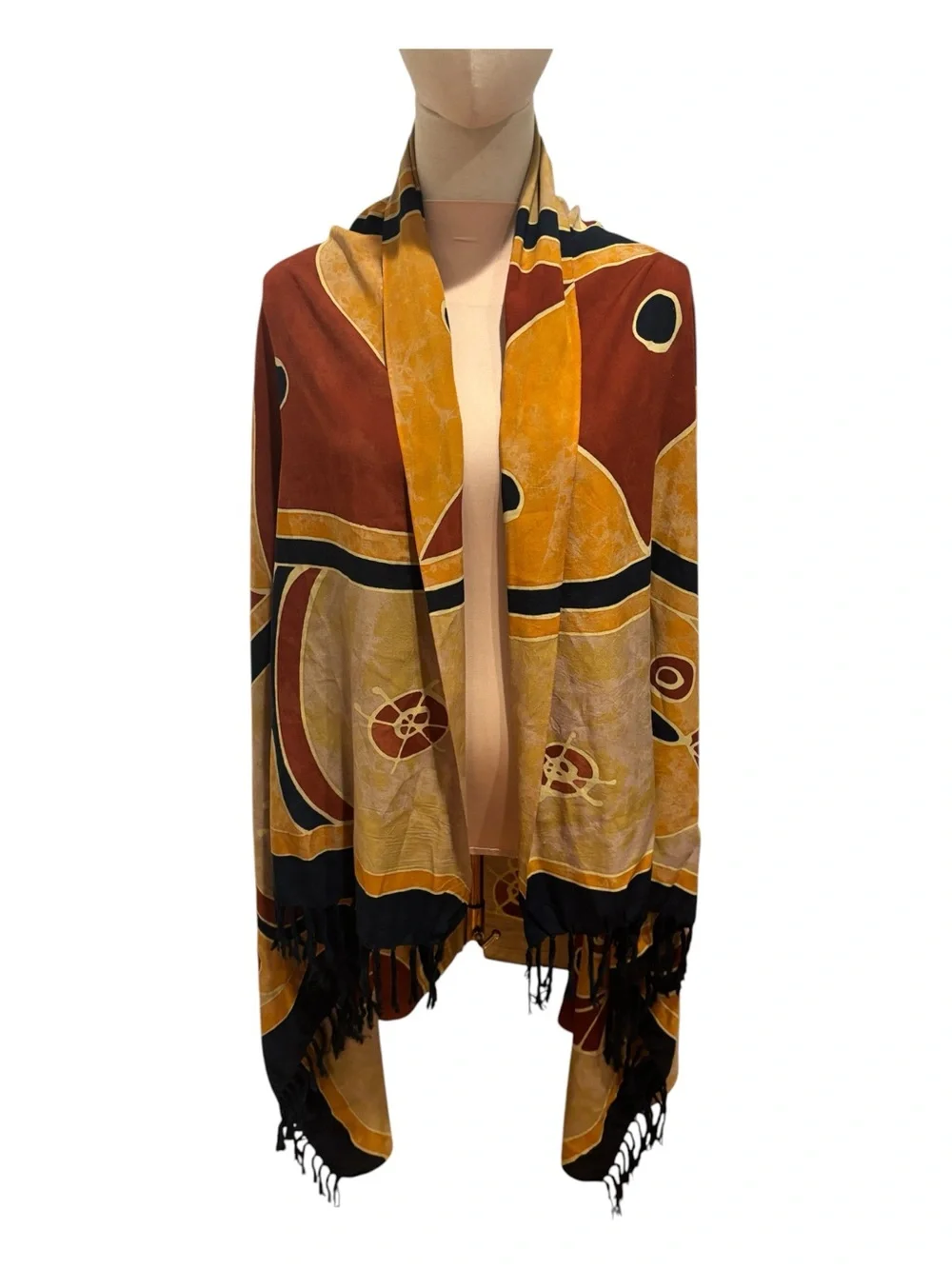 VTG AFRICAN BATIK MASK MOTIF COTTON SHAWL WALL HANGING HAND DYED CLOTH 44X60